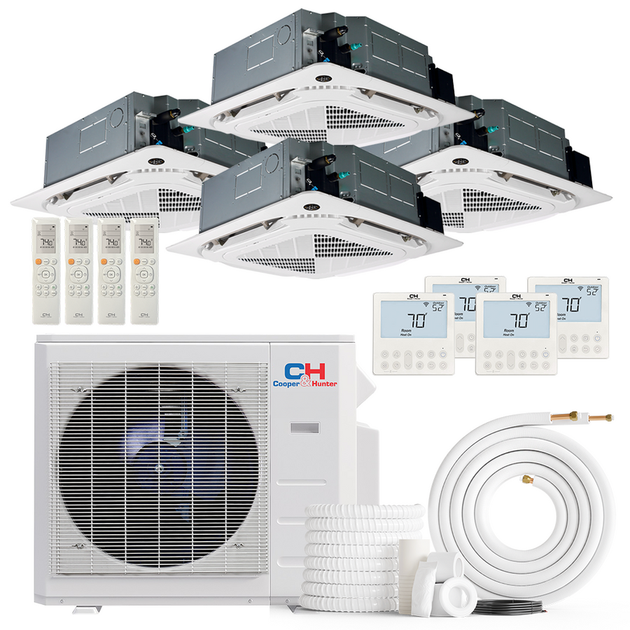 Cooper&Hunter 4-Zone Ductless Mini Split AC & Heat Pump -- 36000 (3.0 Ton), Ceiling Cassette Units (9K+9K+12K+18K BTU), Inverter Technology, 230V, Heating & Cooling - R454B
