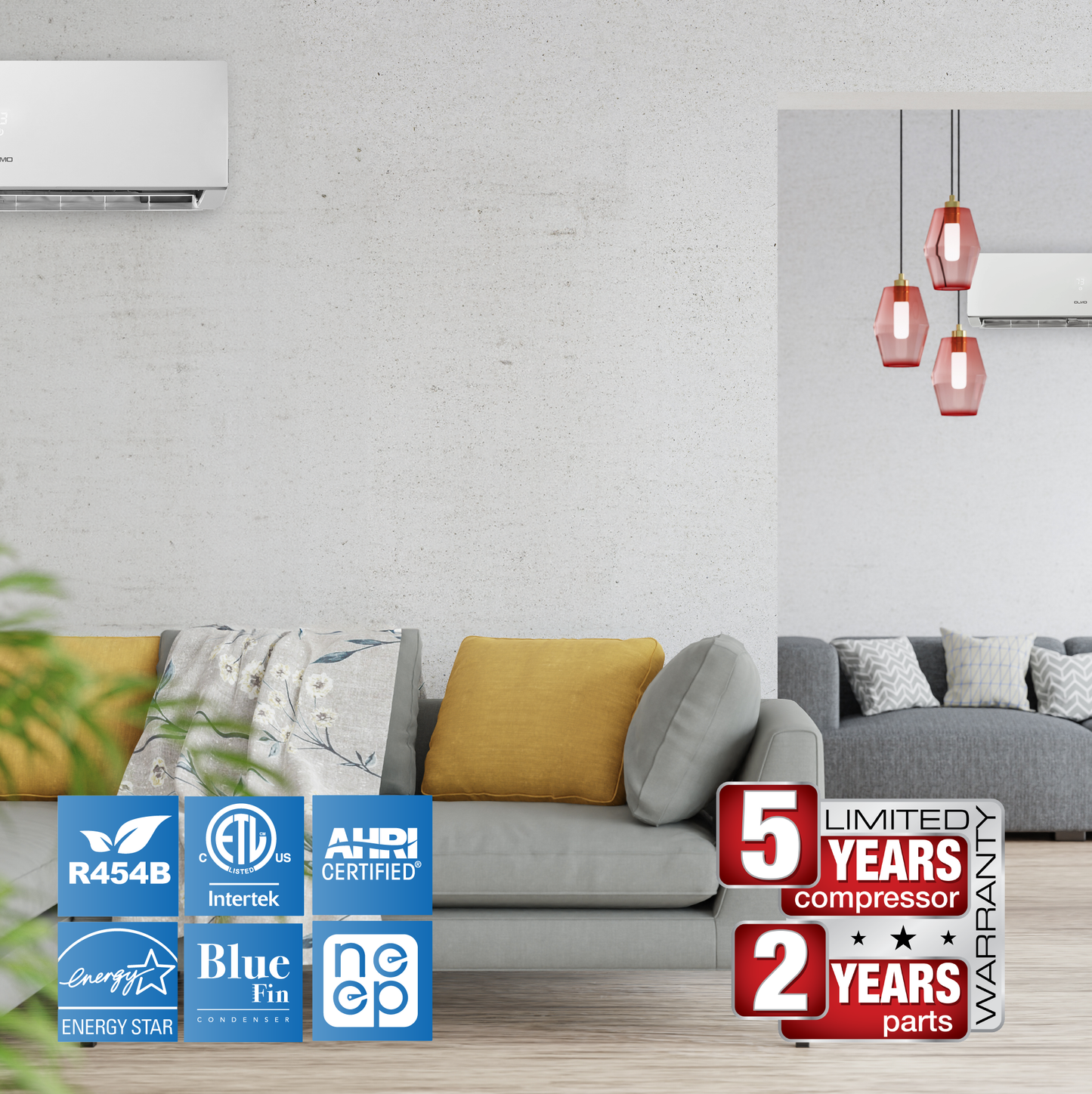 Olmo 3-Zone Mini Split AC & Heat Pump -- 42000 (3.5 Ton), Wall Mount Units (12K+18K+18K BTU), Inverter Technology, 230V, Heating & Cooling - R454B