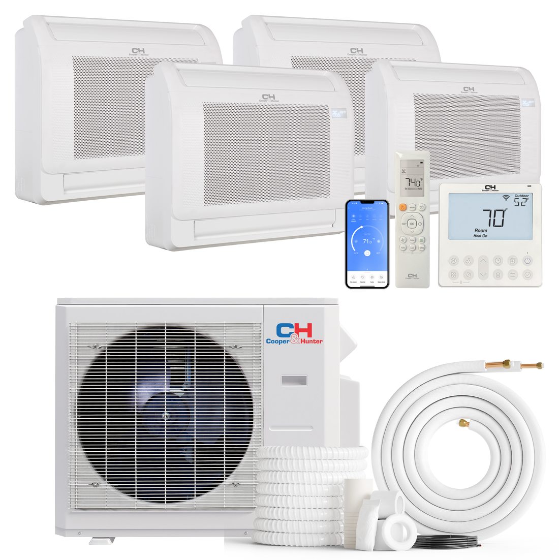 Cooper&Hunter 4-Zone Mini Split AC & Heat Pump -- 36000 (3.0 Ton), Mini Floor Console Units (9K+9K+12K+18K BTU), Inverter Technology, 230V, Heating & Cooling - R454B