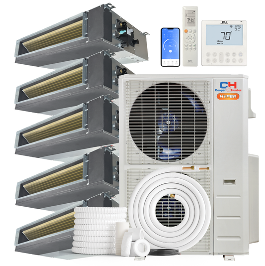 Cooper&Hunter Hyper Heat 5-Zone Ducted Mini Split AC & Heat Pump -- 55000 BTU (4.6 Ton) Without Shut-off Valves, Slim Ducts Units (6K+9K+12K+12K+12K) BTU, Inverter Technology, 230V, Heating & Cooling