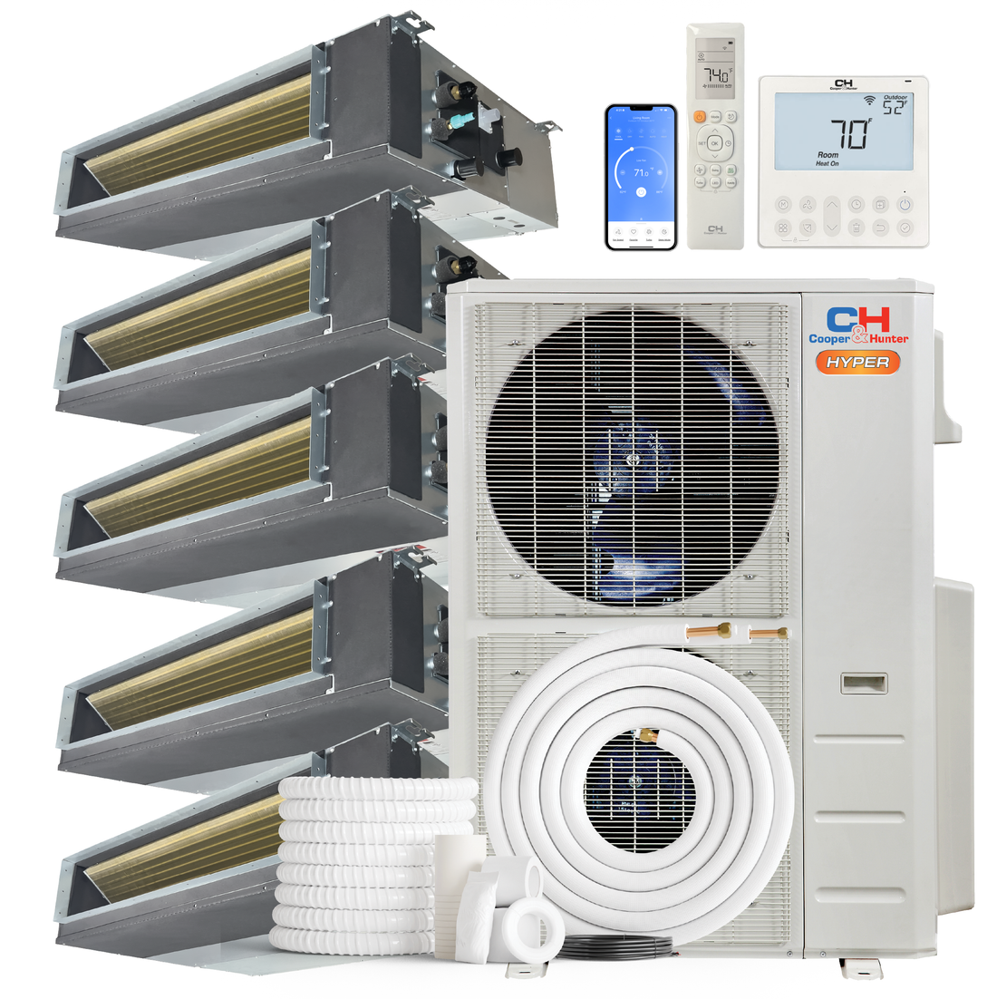 South Mini Splits | Cooper&Hunter Hyper Heat 5-Zone Ducted Mini Split AC & Heat Pump -- 48000 BTU (4.0 Ton) Without Shut-off Valves, Slim Ducts Units (9K+9K+12K+12K+18K) BTU, Inverter Technology, 230V, Heating & Cooling 