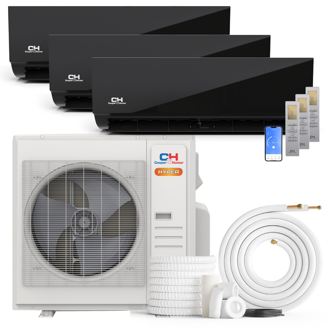 Cooper&Hunter Hyper Heat Olivia Midnight Series 3-Zone Ductless Mini Split AC & Heat Pump -- 36000 BTU (3.0 Ton) Without Shut-off Valves, Wall Mount Units (9K+9K+18K) BTU, Inverter Technology, 230V, Heating & Cooling