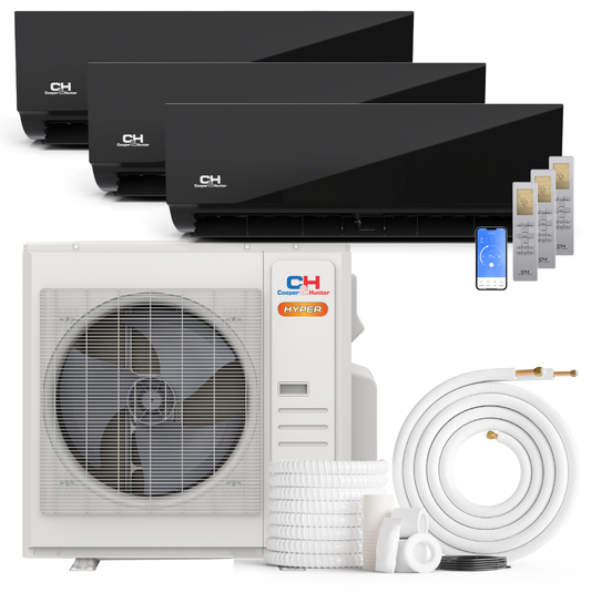 Cooper&Hunter Hyper Heat Olivia Midnight Series 3-Zone Ductless Mini Split AC & Heat Pump -- 36000 BTU (3.0 Ton) Without Shut-off Valves, Wall Mount Units (12K+18K+18K) BTU, Inverter Technology, 230V, Heating & Cooling