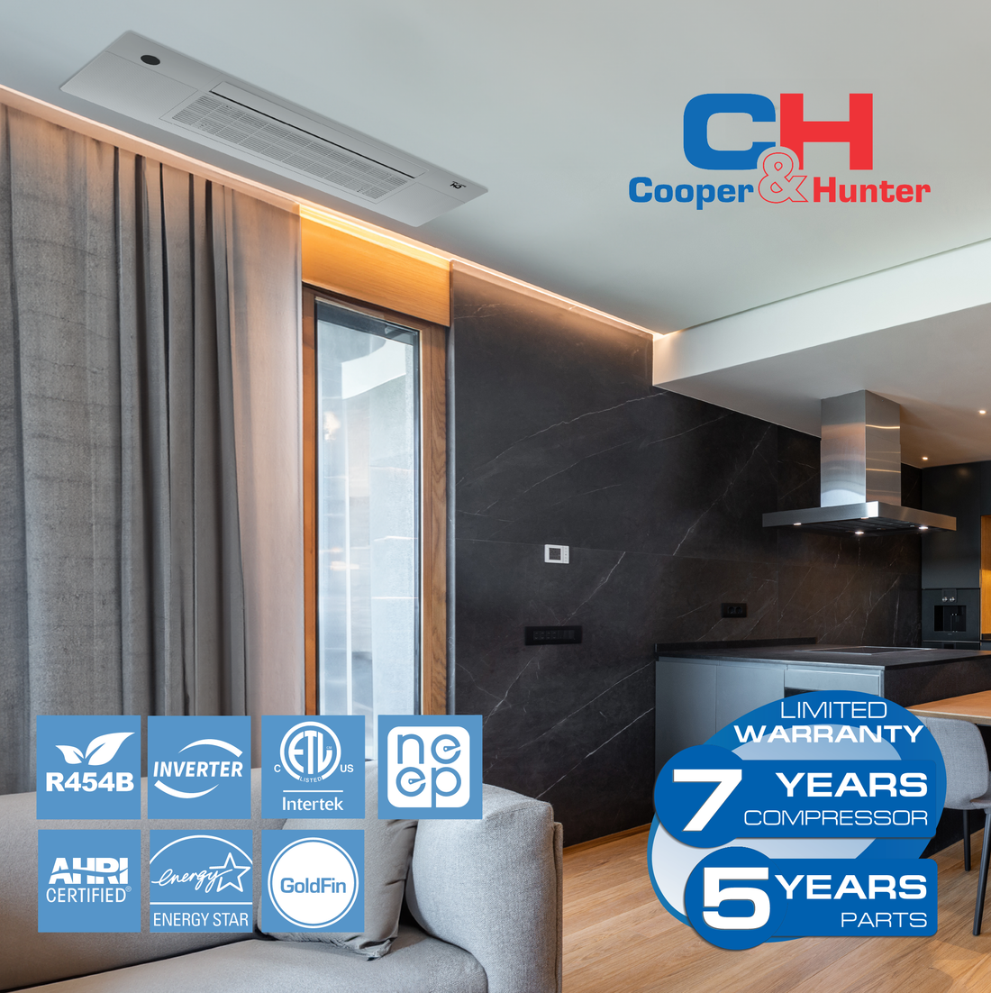 Cooper&Hunter Hyper Heat 5-Zone Ductless Mini Split AC & Heat Pump -- 55000 BTU (4.6 Ton) Without Shut-off Valves, One-Way Cassette Units (9K+9K+9K+9K+12K) BTU, Inverter Technology, 230V, Heating & Cooling