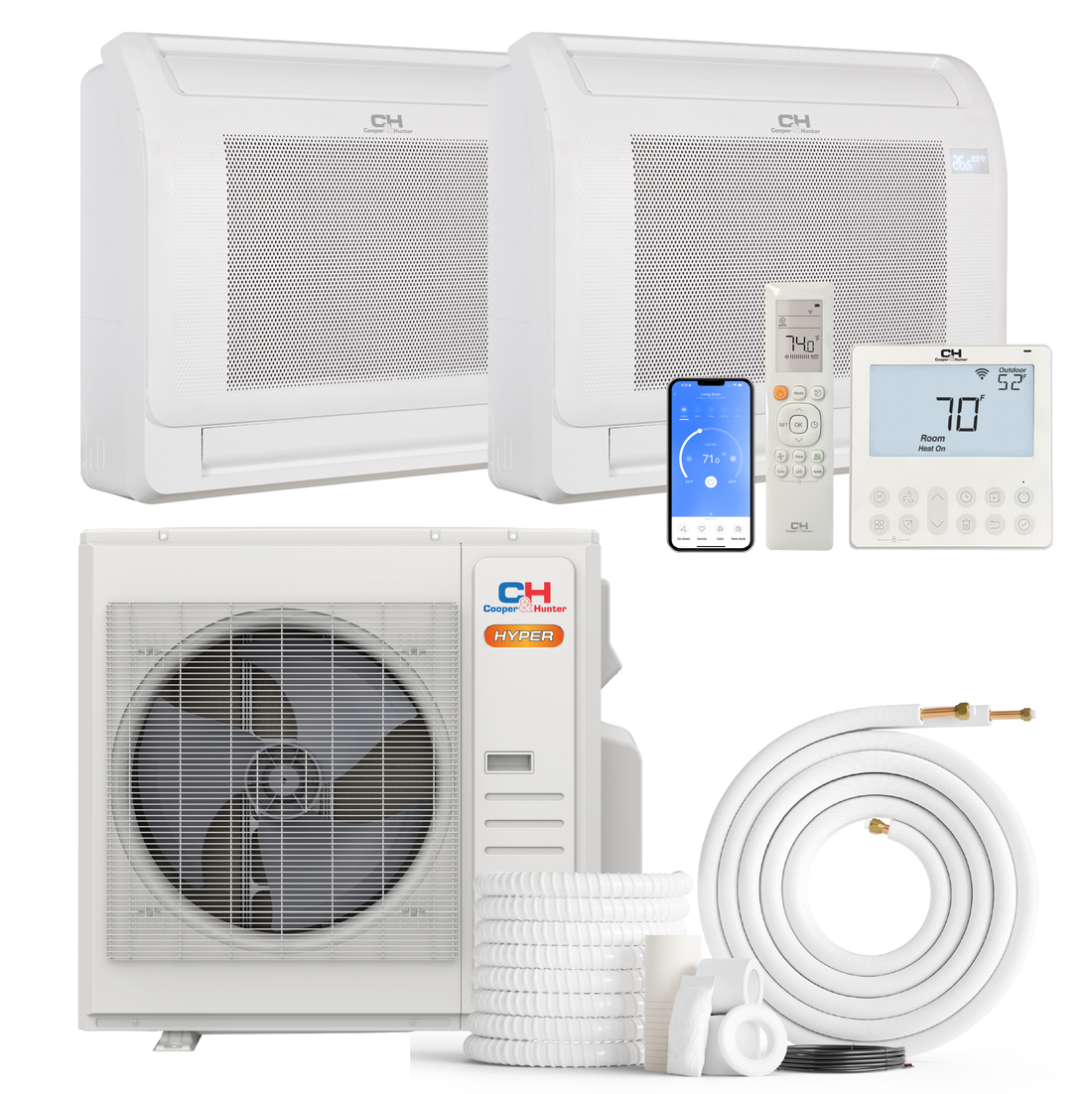 Cooper&Hunter Hyper Heat 2-Zone Ductless Mini Split AC & Heat Pump -- 36000 BTU (3.0 Ton) Without Shut-off Valves, Floor Console Units (12K+12K) BTU, Inverter Technology, 230V, Heating & Cooling