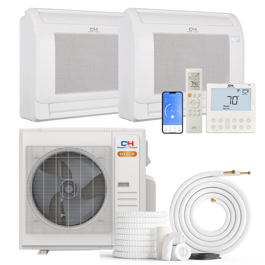 Cooper&Hunter Hyper Heat 2-Zone Ductless Mini Split AC & Heat Pump -- 36000 BTU (3.0 Ton) Without Shut-off Valves, Floor Console Units (12K+12K) BTU, Inverter Technology, 230V, Heating & Cooling