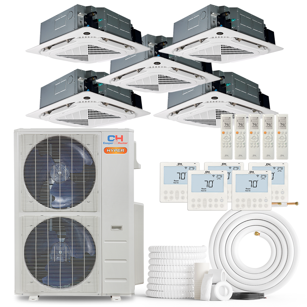 HVACSupplies.com | Cooper&Hunter Hyper Heat 5-Zone Ductless Mini Split AC & Heat Pump -- 55000 BTU (4.6 Ton) Without Shut-off Valves, 4-Way Ceiling Cassette Units (9K+9K+12K+12K+24K) BTU, Inverter Technology, 230V, Heating & Cooling 