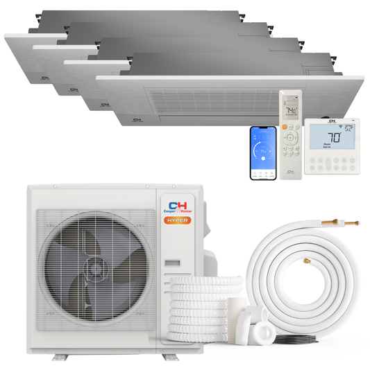 Cooper&Hunter Hyper Heat 5-Zone Ductless Mini Split AC & Heat Pump -- 36000 BTU (3.0 Ton) Without Shut-off Valves, One-Way Cassette Units (6K+9K+9K+12K+12K) BTU, Inverter Technology, 230V, Heating & Cooling