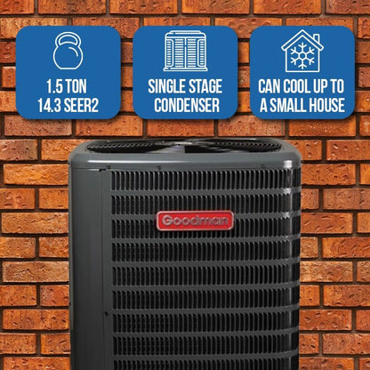 Goodman | Goodman 1.5 Ton 14.3 SEER2 Central Air Conditioner Condenser - R32 Single Stage | 
:root {
    --hvx-golden: #0EA5A6;
    --hvx-slate: #0F172A;
    --hvx-ivory: #F8FAFC;
    --hvx-bo