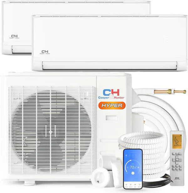 2 Zone Cooper&Hunter High Efficiency Olivia Hyper Series R410A, 2.3 Ton 28000 BTU with 6k+18k Wall Mount Air Conditioners 24.6 SEER, Ductless Mini Split A/C & Heat Pump Inverter System 230V Dual Head, Includes 25ft or 50ft Installation Kit + WIFI Adapter - South Mini Splits