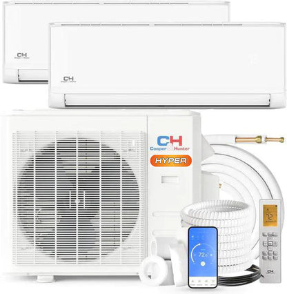 2 Zone Cooper&Hunter High Efficiency Olivia Hyper Series R410A, 2.3 Ton 28000 BTU with 6k+18k Wall Mount Air Conditioners 24.6 SEER, Ductless Mini Split A/C & Heat Pump Inverter System 230V Dual Head, Includes 25ft or 50ft Installation Kit + WIFI Adapter