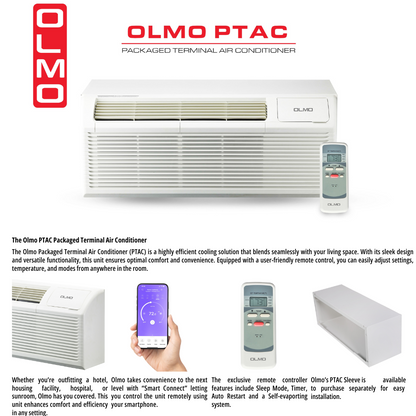 OLMO 15,000 BTU Smart PTAC Packaged Terminal Air Conditioner with Heat Strip 230V, Through The Wall System With Optional Sleeve and Grill  - PTHP Heating And Cooling With Electric Cord and Remote Control OS-MBW-15HS