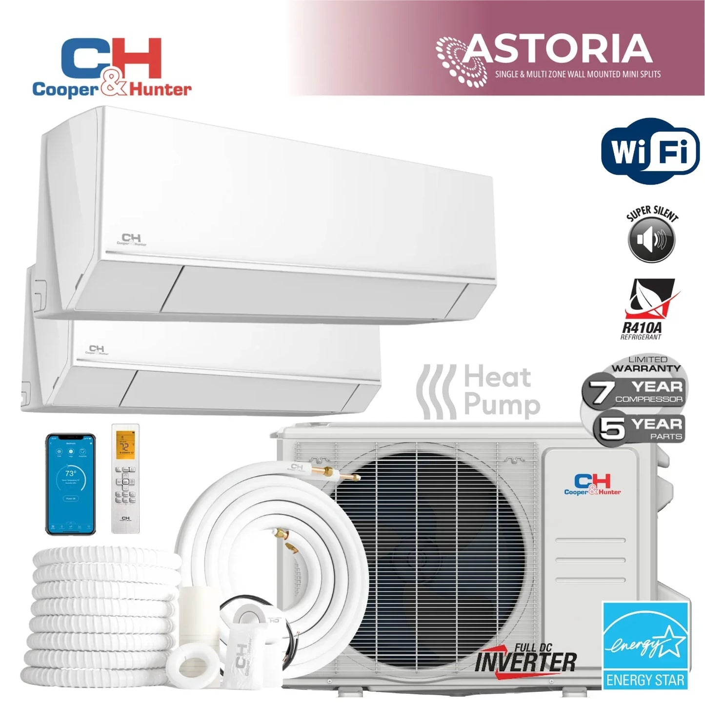 2 Zone Cooper & Hunter Astoria Series Ductless Mini Split A/C and Heater 6k+12k 18,000 BTU, 1.5 Ton, 230V 22.5 SEER Heat Pump Inverter System with Wall Mount Air Conditioner Handlers and Installation Kits - South Mini Splits