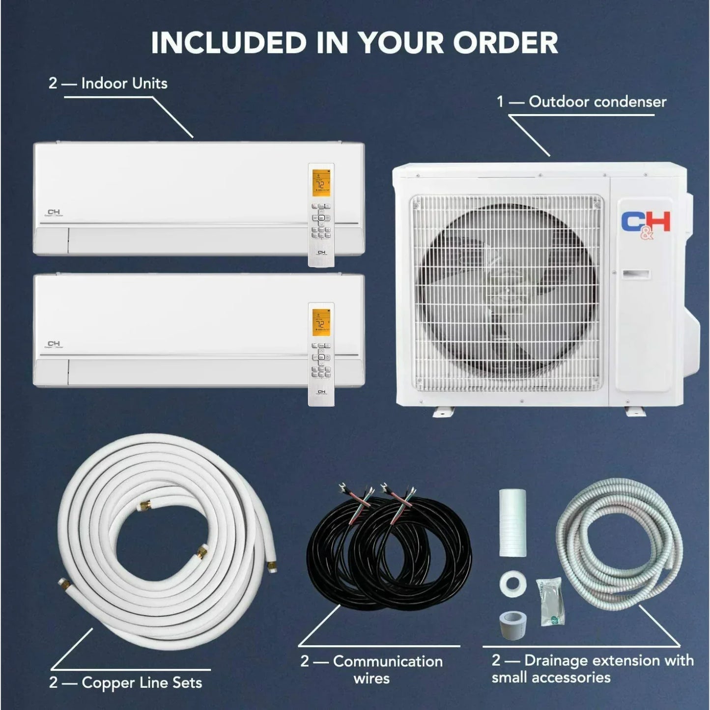 2 Zone Cooper & Hunter Astoria Series Ductless Mini Split A/C, Heat Pump, Inverter System and Heater 12k+18k 28,000 BTU 23.8 SEER 2.3 Ton, 230V with Wall Mount Air Conditioner Handlers and Installation Kits - South Mini Splits