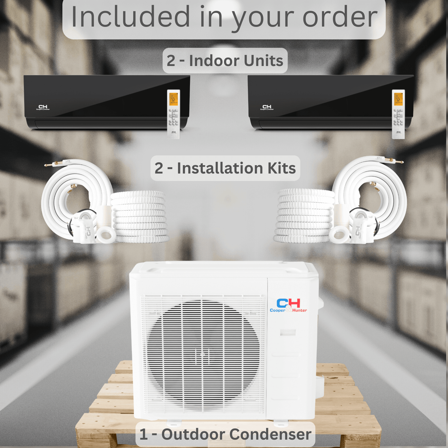 2 Zone Cooper & Hunter Olivia Midnight Series 2 Ductless Mini Splits 18k+18k BTU Wall Mounts and 23.8 SEER 28K BTU Heat Pump with 25ft Installation Kit + WIFI Adapter - South Mini Splits