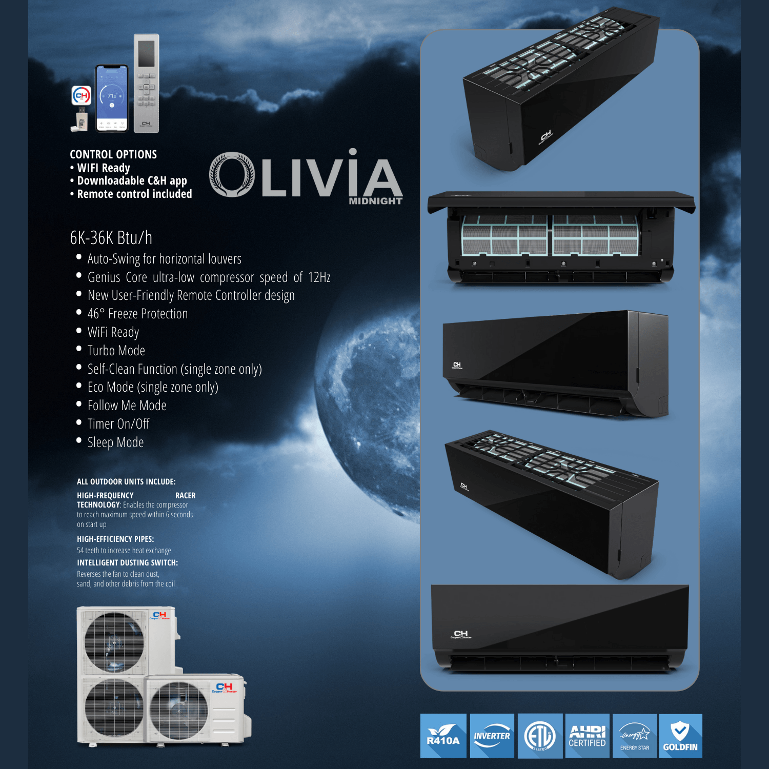 2 Zone Cooper & Hunter Olivia Midnight Series, 1.5 Ton Air Conditioner, Ductless Mini Split with 6k+6k BTU Wall Mounts, R410A,22.5 SEER 18000 BTU Heat Pump, 230V, Dual Head (2 Heads), Optional 16ft 25ft 50ft Installation Kit + WIFI Adapter - South Mini Splits