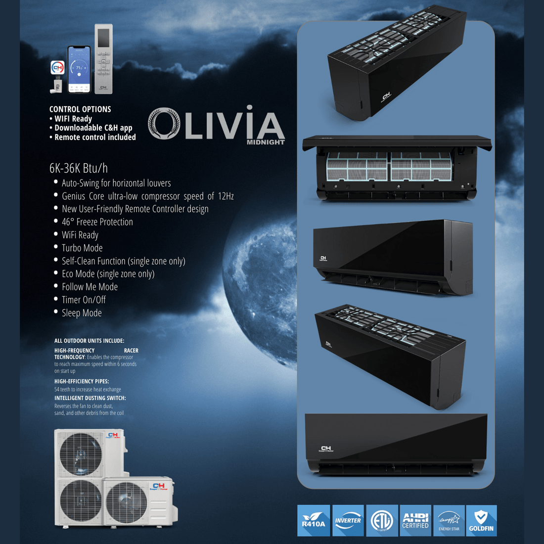 2 Zone Cooper & Hunter Olivia Midnight Series, 1.5 Ton Air Conditioner, Ductless Mini Split with 6k+6k BTU Wall Mounts, R410A,22.5 SEER 18K BTU Heat Pump, 230V, Dual Head (2 Heads), Includes 25ft Installation Kit + WIFI Adapter - South Mini Splits