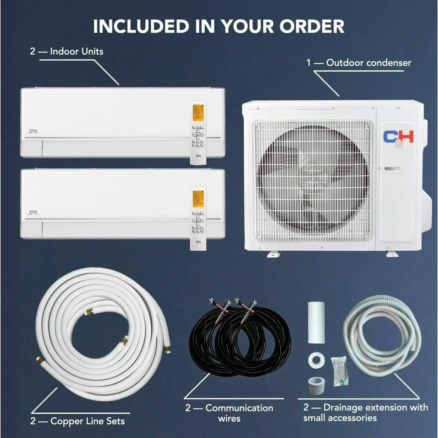 2 Zone Cooper & Hunter Astoria Series 48,000 BTU Dual Zone with 24000 24000 BTU Wall Mount Handlers Ductless Mini Split A/C and Heater with Installation Kits - South Mini Splits