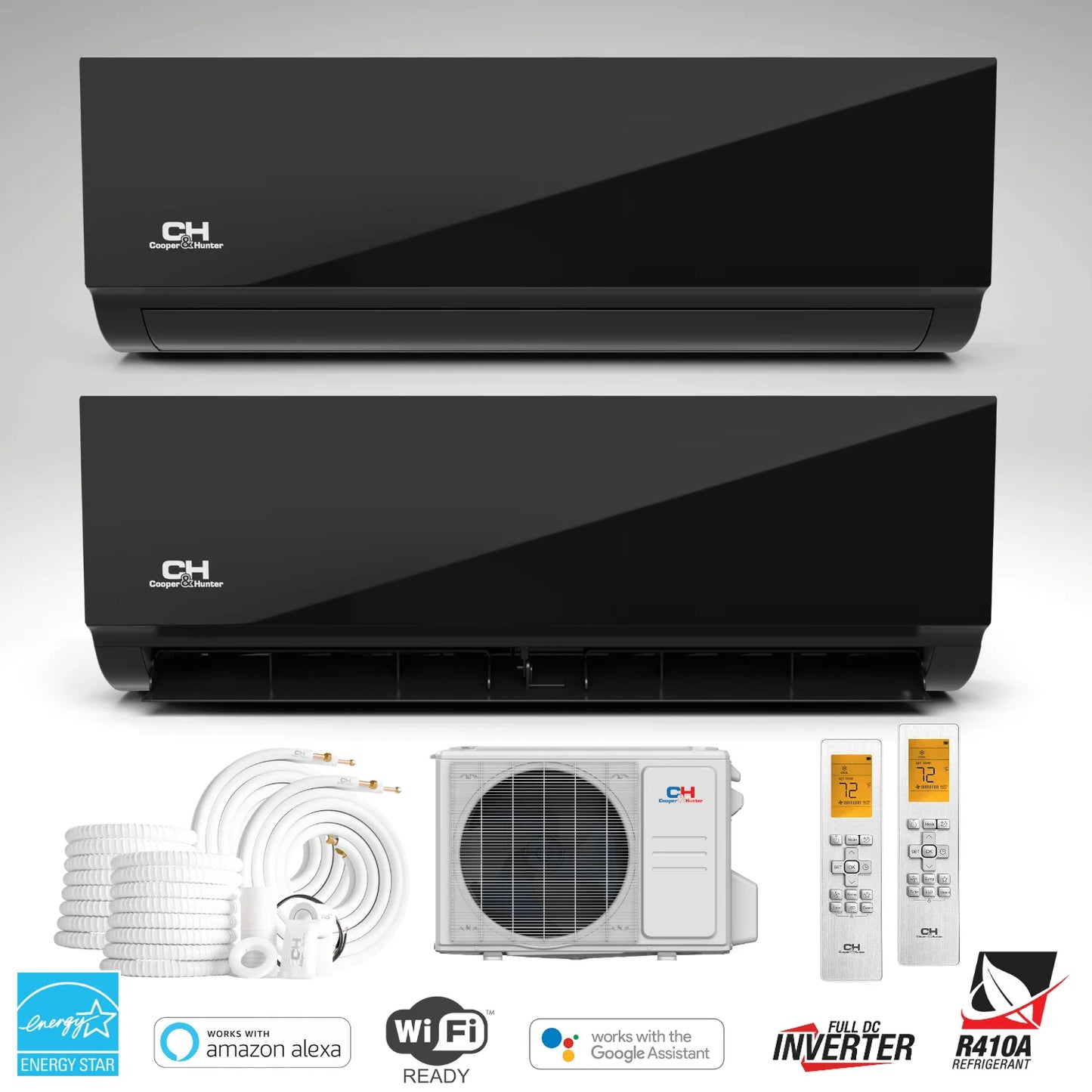 2 Zone Cooper & Hunter Olivia Midnight Series 2.3 Ton Ductless Mini Split System with 18k+18k BTU Wall Mounts, R410A, 23.8 SEER 28K BTU Inverter Heat Pump, 230V, Dual Head (2 Heads), Includes 25ft Installation Kit + WIFI Adapter