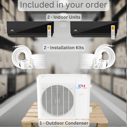 2 Zone Cooper & Hunter Olivia Series 2 Ductless Mini Splits 12k+18k BTU A/C Wall Mounts and 24.9 SEER 28K BTU Heat Pump with 25ft Installation Kit + WIFI Adapter - South Mini Splits