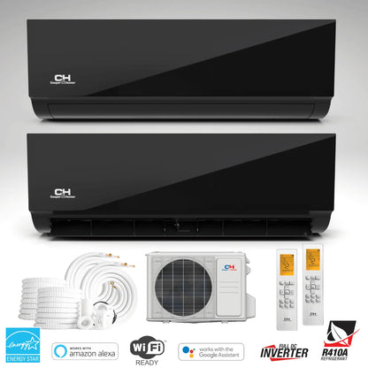 2 Zone Cooper & Hunter Olivia Midnight Series, 1.5 Ton Air Conditioner, Ductless Mini Split with 9k+12k BTU Wall Mounts, R410A, 22.9 SEER 18K BTU Inverter Heat Pump, 230V, Dual Head (2 Heads), Includes 25ft Installation Kit + WIFI Adapter