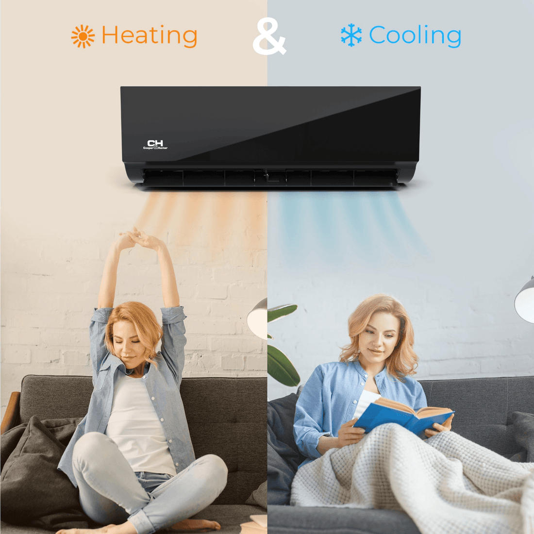 2 Zone Cooper & Hunter Olivia Midnight Series, 1.5 Ton Air Conditioner, Ductless Mini Split with 6k+6k BTU Wall Mounts, R410A,22.5 SEER 18K BTU Heat Pump, 230V, Dual Head (2 Heads), Includes 25ft Installation Kit + WIFI Adapter - South Mini Splits