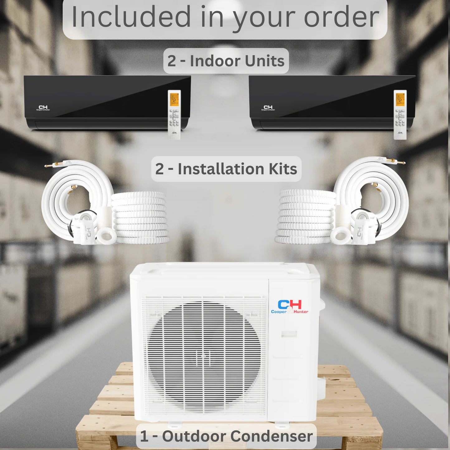 2 Zone Cooper & Hunter Olivia Midnight Series 2.3 Ton Ductless Mini Split System with 18k+18k BTU Wall Mounts, R410A, 23.8 SEER 28K BTU Inverter Heat Pump, 230V, Dual Head (2 Heads), Includes 25ft Installation Kit + WIFI Adapter