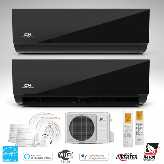 2 Zone Cooper & Hunter Olivia Midnight Series 2 Ductless Mini Splits 6k+6k BTU Wall Mounts and 22.5 SEER 18K BTU Heat Pump with 25ft Installation Kit + WIFI Adapter - South Mini Splits