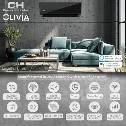 2 Zone Cooper & Hunter 12k+12k Olivia Midnight Series, R410A, 1.5 Ton, 230V, 18000 BTU Wall Mount Air Conditioner 23.1 SEER 2 Ductless Mini Split A/C and Heat Pump Inverter System with 25ft Installation Kit + WIFI Adapter