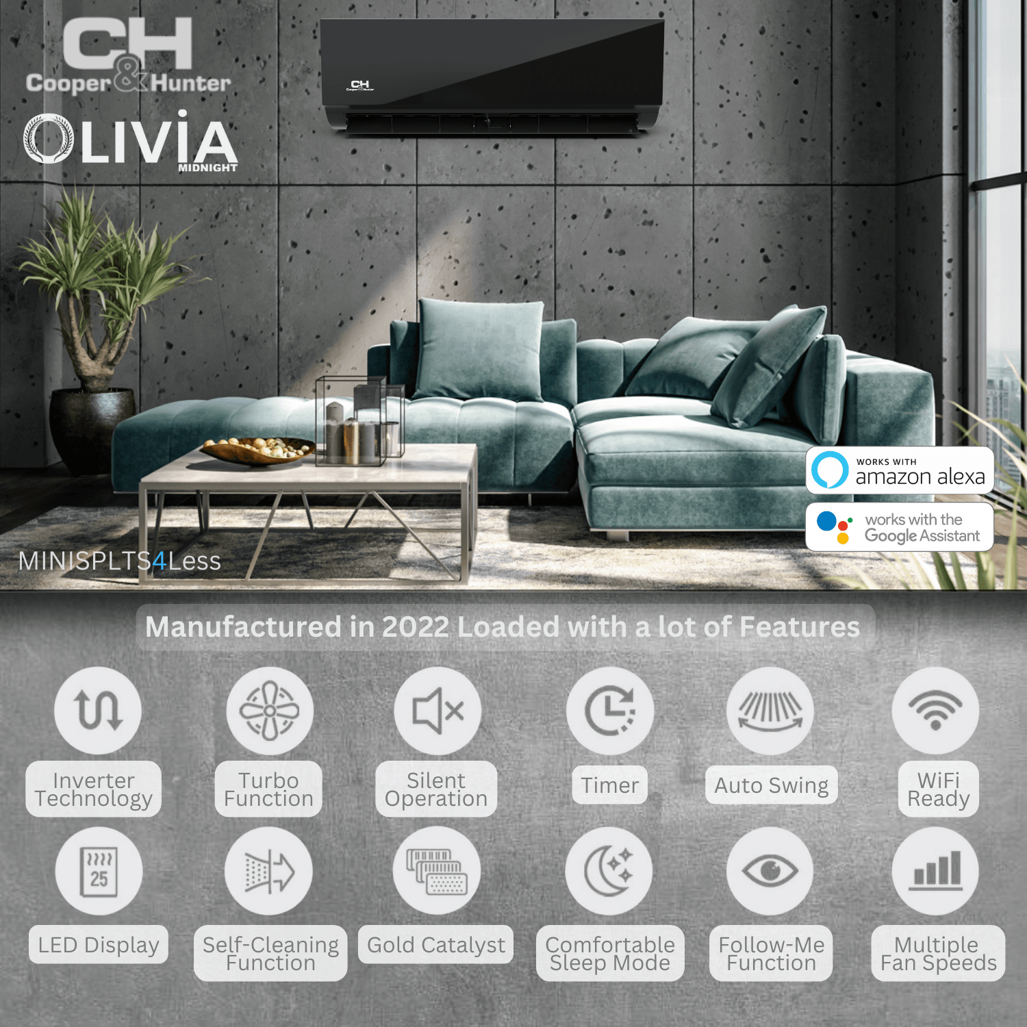 2 Zone Cooper & Hunter Olivia Midnight Series, 1.5 Ton Air Conditioner, Ductless Mini Split with 6k+6k BTU Wall Mounts, R410A,22.5 SEER 18000 BTU Heat Pump, 230V, Dual Head (2 Heads), Optional 16ft 25ft 50ft Installation Kit + WIFI Adapter - South Mini Splits