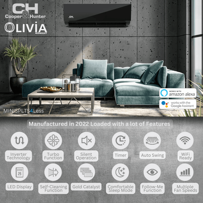 2 Zone Cooper &amp; Hunter Olivia Midnight Series, 1.5 Ton Air Conditioner, Ductless Mini Split with 6k+6k BTU Wall Mounts, R410A,22.5 SEER 18000 BTU Heat Pump, 230V, Dual Head (2 Heads), Optional 16ft 25ft 50ft Installation Kit + WIFI Adapter - South Mini Splits