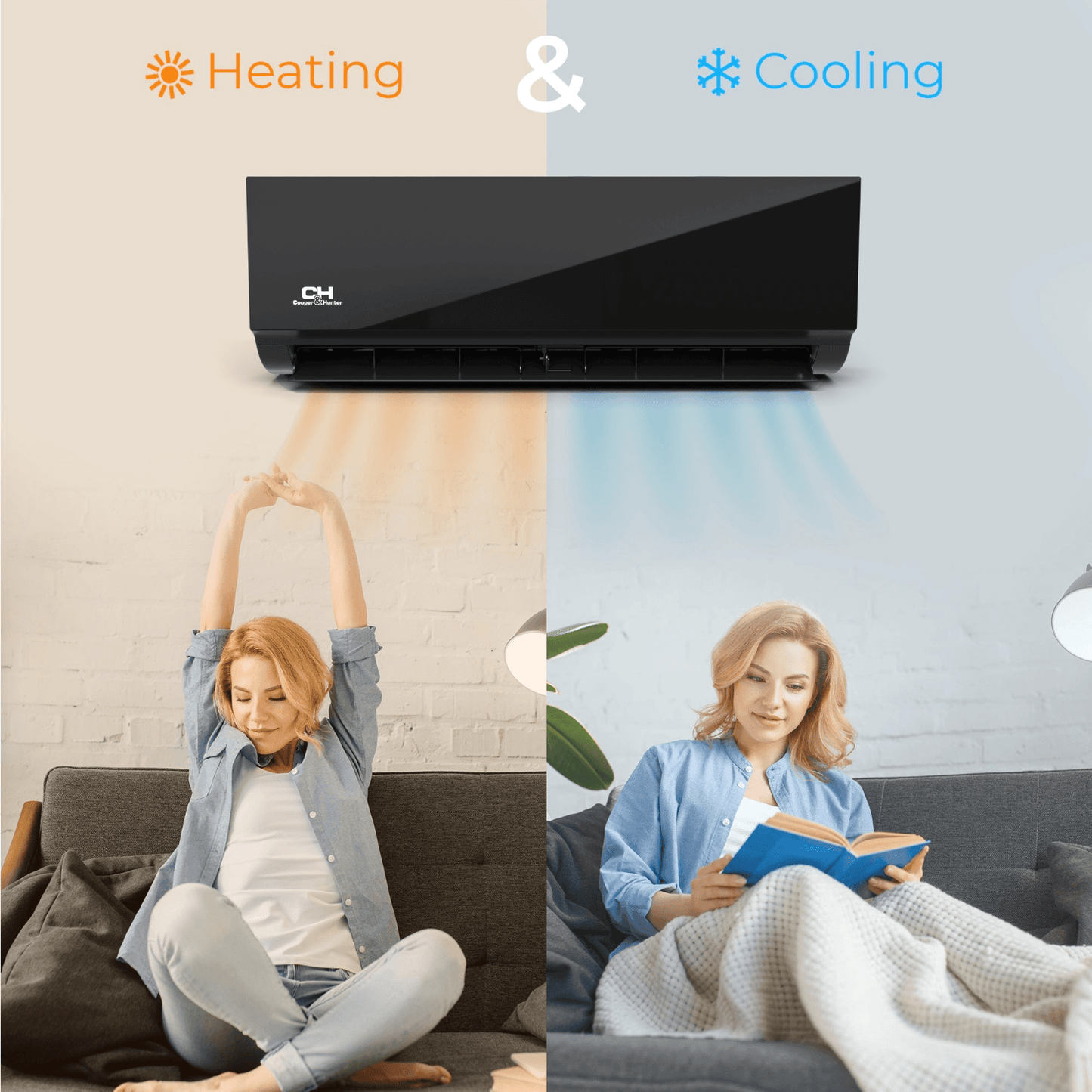 2 Zone Cooper & Hunter Olivia Midnight Series, 1.5 Ton Air Conditioner, Ductless Mini Split with 6k+6k BTU Wall Mounts, R410A,22.5 SEER 18000 BTU Heat Pump, 230V, Dual Head (2 Heads), Optional 16ft 25ft 50ft Installation Kit + WIFI Adapter - South Mini Splits