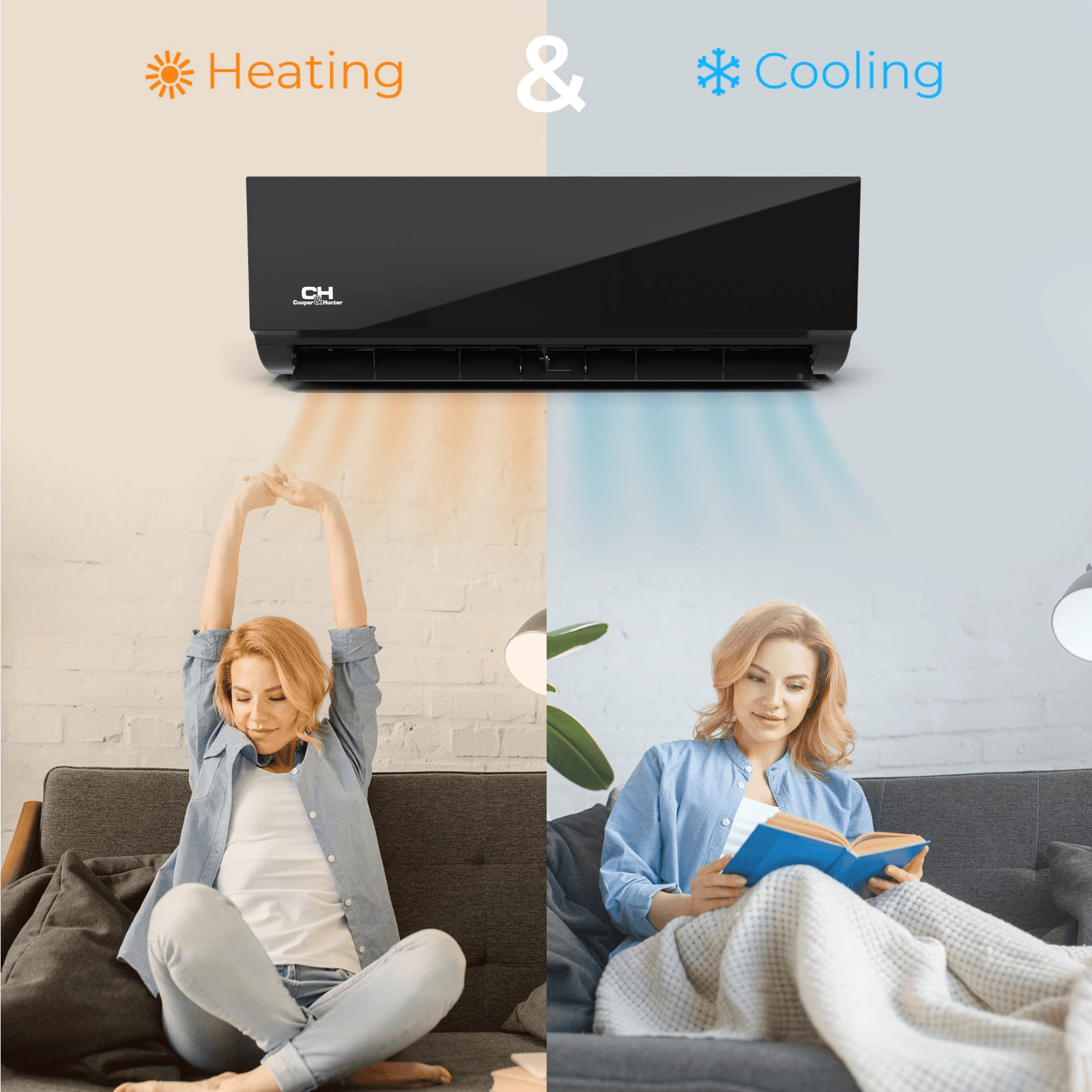 2 Zone Cooper & Hunter Olivia Midnight Series, 1.5 Ton Air Conditioner, Ductless Mini Split with 6k+6k BTU Wall Mounts, R410A,22.5 SEER 18000 BTU Heat Pump, 230V, Dual Head (2 Heads), Optional 16ft 25ft 50ft Installation Kit + WIFI Adapter - South Mini Splits