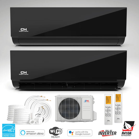 2 Zone Cooper & Hunter 12k+12k Olivia Midnight Series, R410A, 1.5 Ton, 230V, 18000 BTU Wall Mount Air Conditioner 23.1 SEER 2 Ductless Mini Split A/C and Heat Pump Inverter System with 25ft Installation Kit + WIFI Adapter