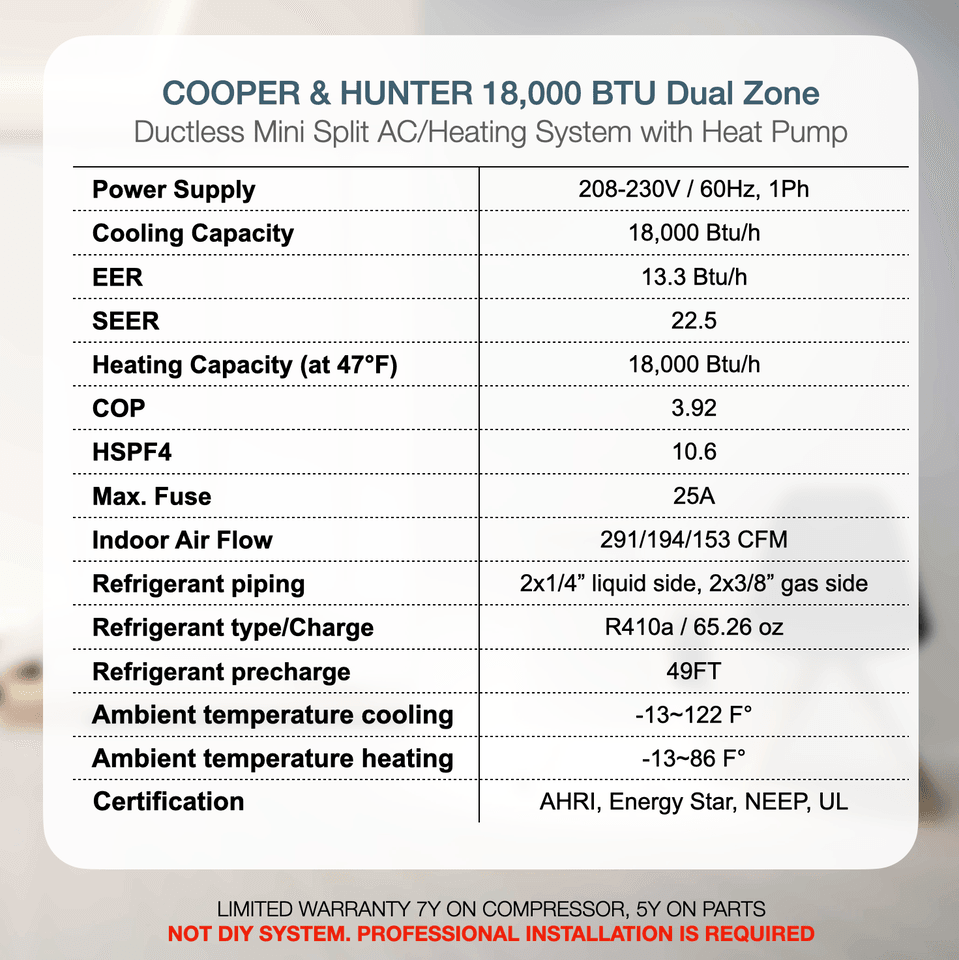 2 Zone Cooper & Hunter Olivia Midnight Series 2 Ductless Mini Splits 9k+9k BTU Wall Mounts and 22.5 SEER 18K BTU Heat Pump with 25ft Installation Kit + WIFI Adapter - South Mini Splits