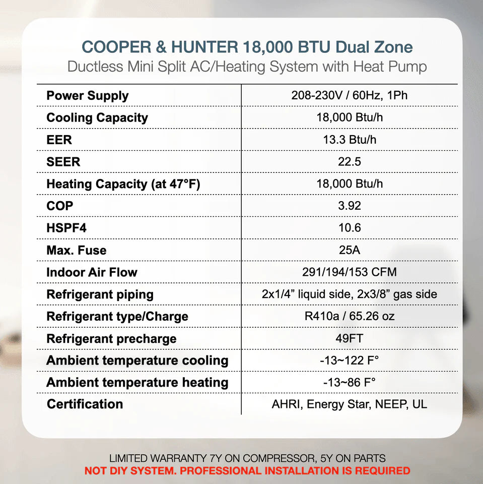 2 Zone Cooper & Hunter Olivia Midnight Series, 1.5 Ton Air Conditioner, Ductless Mini Split with 9k+9k BTU Wall Mounts, R410A, 22.5 SEER 18K BTU Inverter Heat Pump, 230V, Dual Head (2 Heads), Includes 25ft Installation Kit + WIFI Adapter