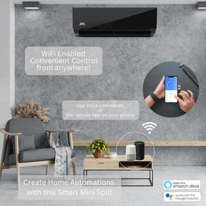 2 Zone Cooper & Hunter Olivia Midnight Series 2 Ductless Mini Splits 6k+12k BTU Wall Mounts and 22.9 SEER 18K BTU Heat Pump with 25ft Installation Kits + WIFI Adapter - South Mini Splits