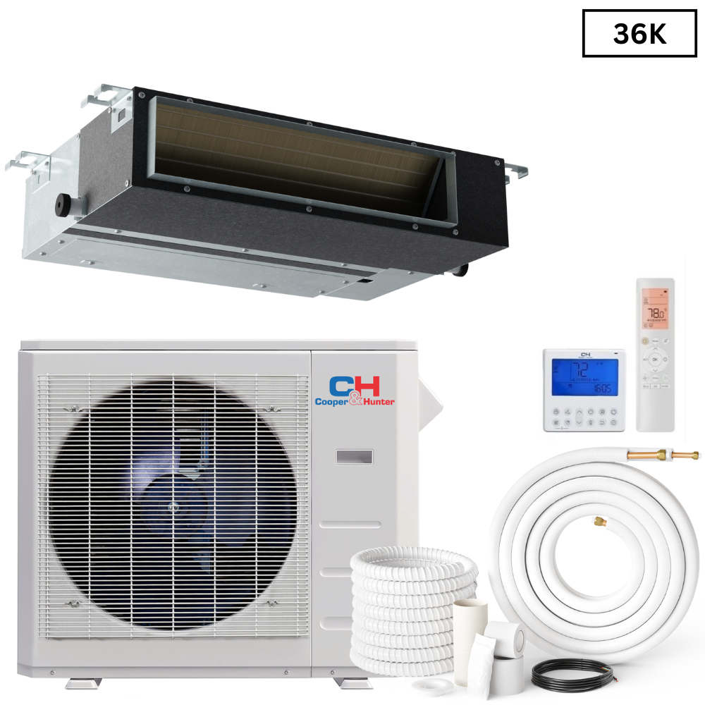 Cooper&Hunter Slim Duct 36,000 BTU 230V 16.5 SEER, R410A, Concealed Duct Mini Split AC System & Heat Pump, Light Commercial Series 3 TON Air Conditioner Heat Pump + Optional Installation Kit. CH-36LCDTU/I + CH-N36LCU-230VO