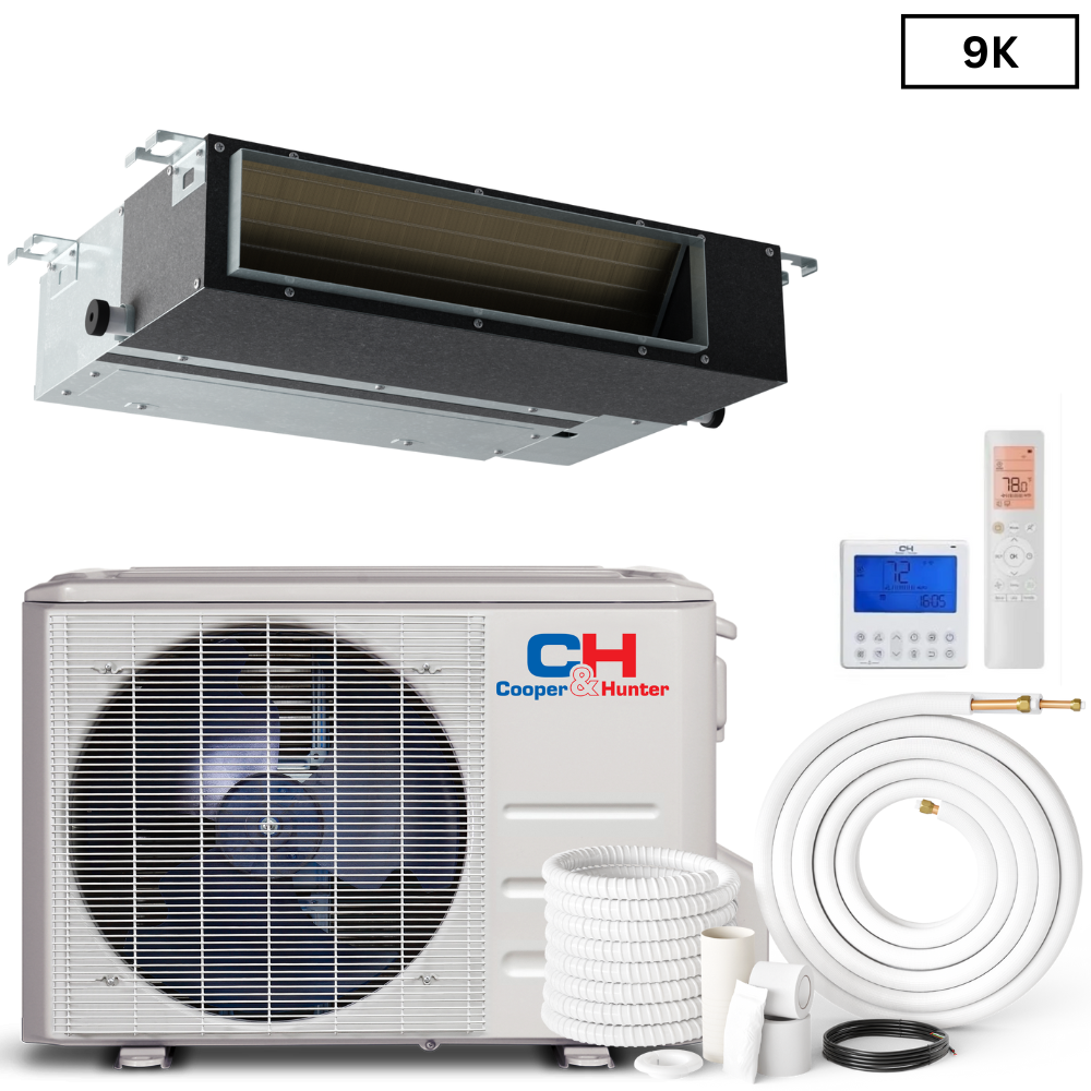Cooper & Hunter Slim Duct Mini Split Air Conditioner 9,000 BTU 230V, R410A, 22.8 SEER, Concealed Duct Air Conditioning Unit for Heat Pump, Mini Split Inverter System Heat Pump 0.75 TON + Installation Kit Option. CH-M09DTUI + CH-ES09-230VO - South Mini Splits