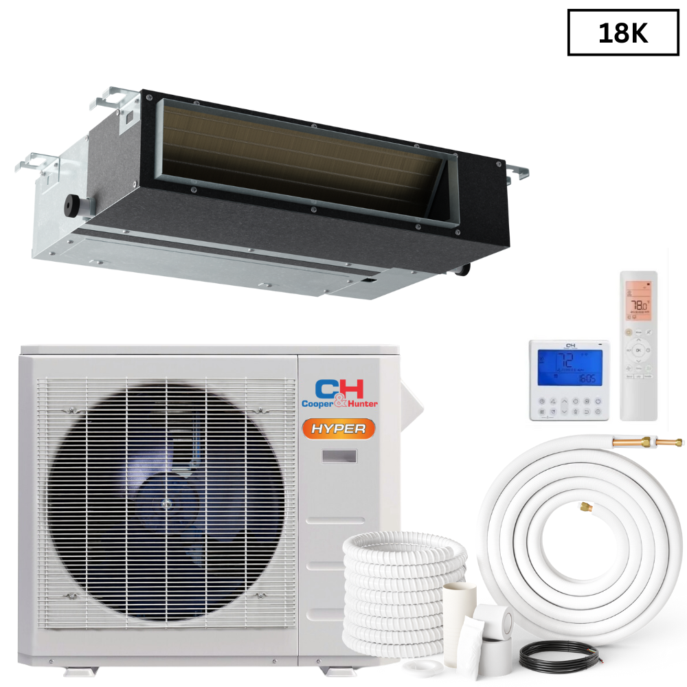 Cooper & Hunter R454B Slim Duct Hyper 18,000 BTU 230V Concealed Duct Air Conditioning Unit for Heat Pump Mini Split Inverter System 18 SEER2 1.5 TON With Wi-Fi Enabled Thermostat & Optional Installation Kit CH-RS18MDT-MS + CH-RHP18-230VO - South Mini Splits