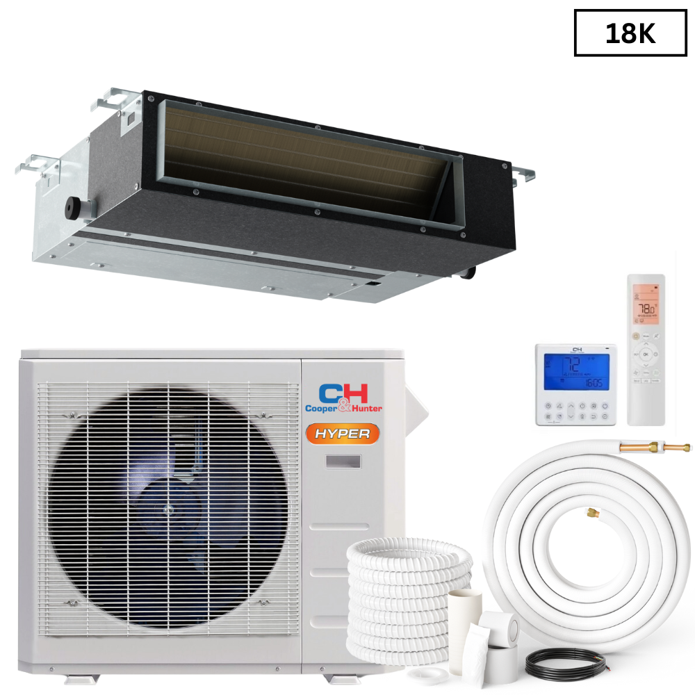 Cooper & Hunter Slim Duct Hyper 18,000 BTU 230V, Concealed Duct Air Conditioning Unit for Heat Pump, Mini Split Inverter System, 20.8 SEER2, 1.5 TON, With Wi-Fi Enabled Thermostat and Optional Installation Kit. CH-M18DTUI + CH-HPR18-230VO