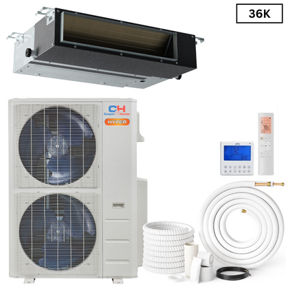 Cooper & Hunter Slim Duct Hyper 36,000 BTU 230V, Concealed Duct Air Conditioning Unit for Heat Pump, Mini Split Inverter System, 16.5 SEER2, 3 TON, With Wi-Fi Enabled Thermostat and Optional Installation Kit. CH-36LCDTU/I + CH-NHPR36LCU-230VO