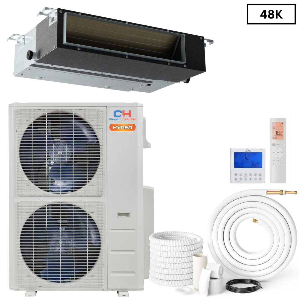 Cooper & Hunter Slim Duct Hyper 48,000 BTU 230V, Concealed Duct Air Conditioning Unit for Heat Pump, Mini Split Inverter System, 17.4 SEER2, 4 TON, With Wi-Fi Enabled Thermostat and Optional Installation Kit. CH-48LCDTU/I + CH-HYP48LCUO - South Mini Splits