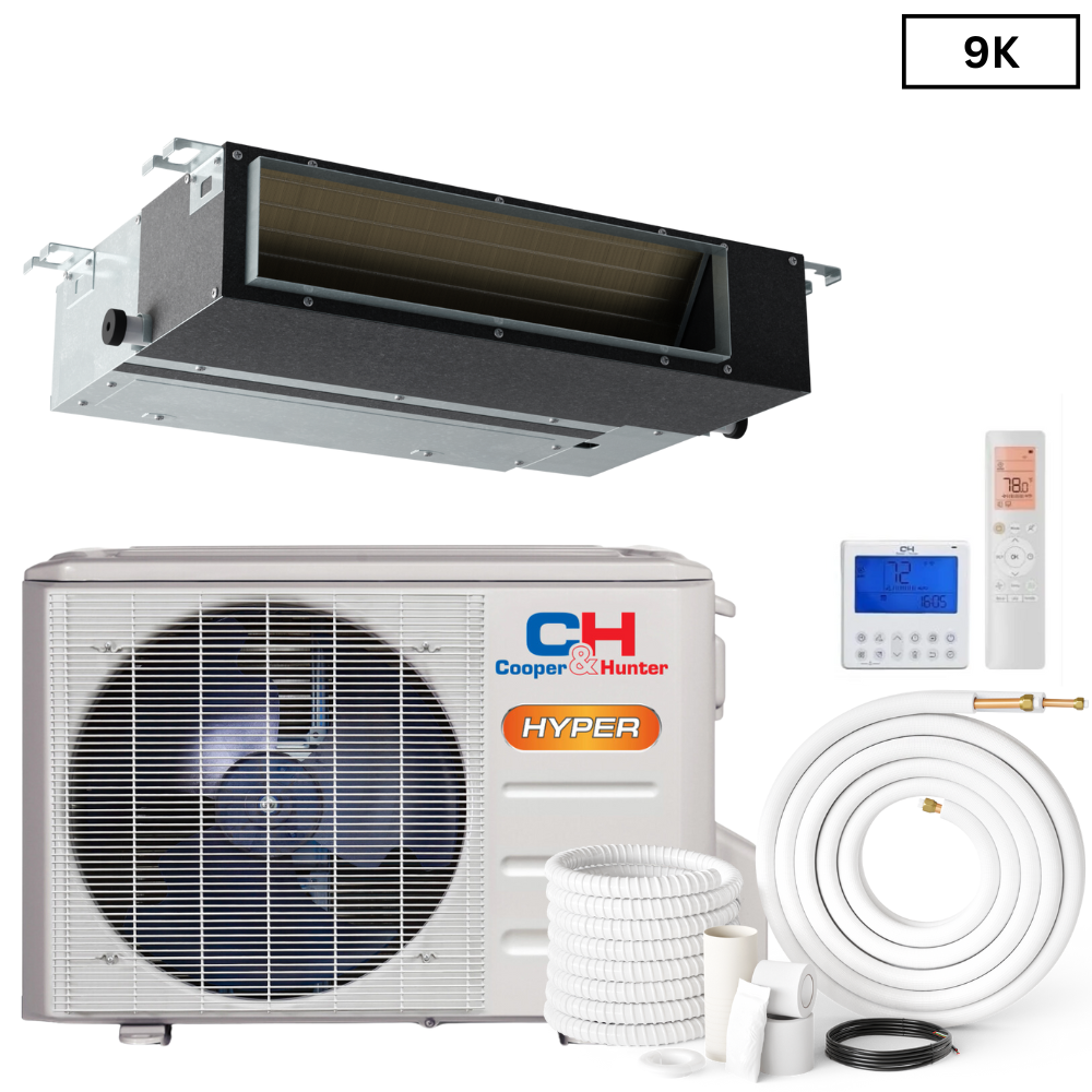 Cooper & Hunter Slim Duct Hyper 9,000 BTU 230V, Concealed Duct Air Conditioning Unit for Heat Pump, Mini Split Inverter System, 22.8 SEER2, 0.75 TON, With Wi-Fi Enabled Thermostat and Optional Installation Kit. CH-M09DTUI +CH-HYP09SPH-230VO - South Mini Splits