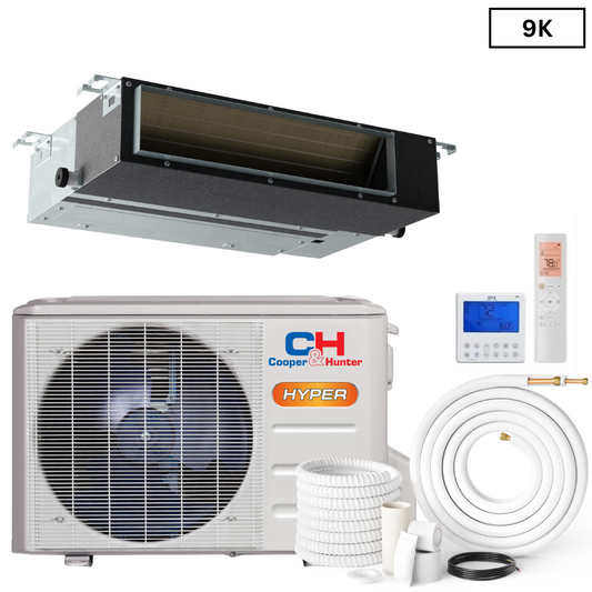 Cooper & Hunter Slim Duct Hyper 9,000 BTU 230V, Concealed Duct Air Conditioning Unit for Heat Pump, Mini Split Inverter System, 22.8 SEER2, 0.75 TON, With Wi-Fi Enabled Thermostat and Optional Installation Kit. CH-M09DTUI +CH-HPR09-230VO