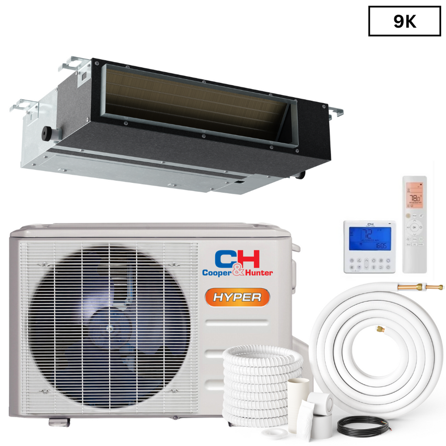 Cooper & Hunter Slim Duct Hyper 9,000 BTU 230V, Concealed Duct Air Conditioning Unit for Heat Pump, Mini Split Inverter System, 22.8 SEER2, 0.75 TON, With Wi-Fi Enabled Thermostat and Optional Installation Kit. CH-M09DTUI +CH-HYP09SPH-230VO