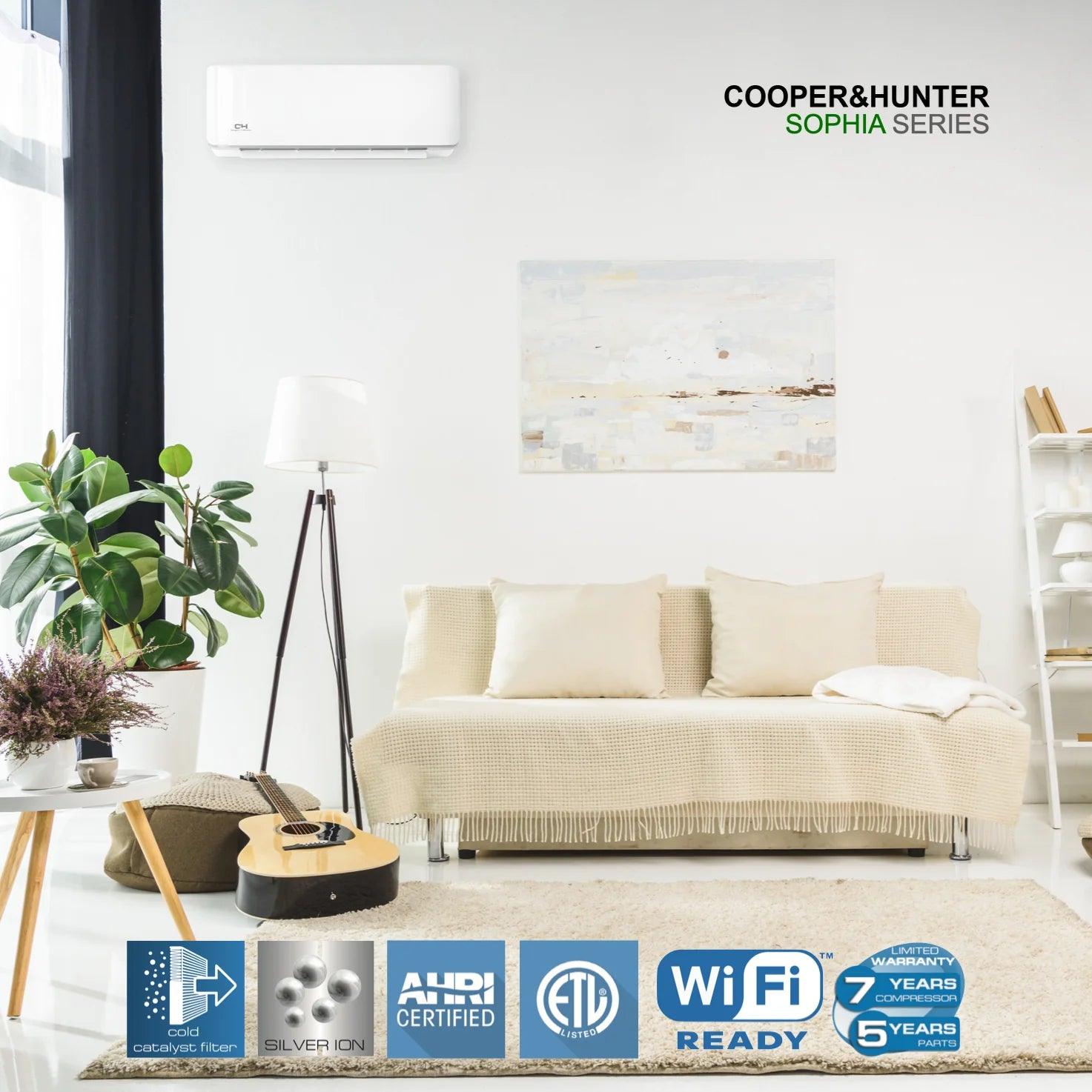 5 Zone Cooper & Hunter 48,000 BTU 9k+9k+12k+12k+18k Olivia Series Ductless Mini Splits with Installation Kits, 21.5 SEER 4 Ton Penta Zone Air Conditioner System with Wi-Fi Adapter - South Mini Splits