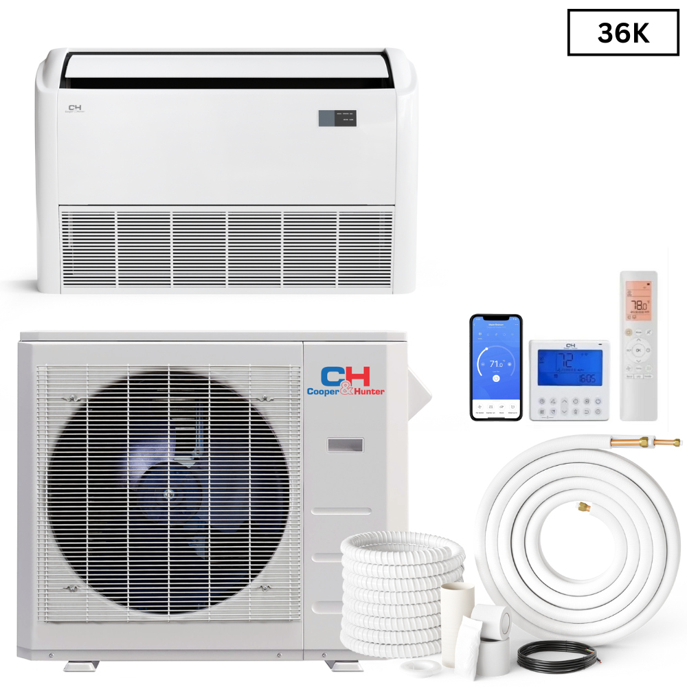 Cooper & Hunter Universal Floor/Ceiling 36,000 BTU 230V, R410A, 16 SEER Ductless Mini Split Air Conditioner With Wall Thermostat, Light Commercial Series, 3 TON Single Zone System + Optional Installation Kit.  CH-36LCFCI + CH-N36LCU-230VO - South Mini Splits