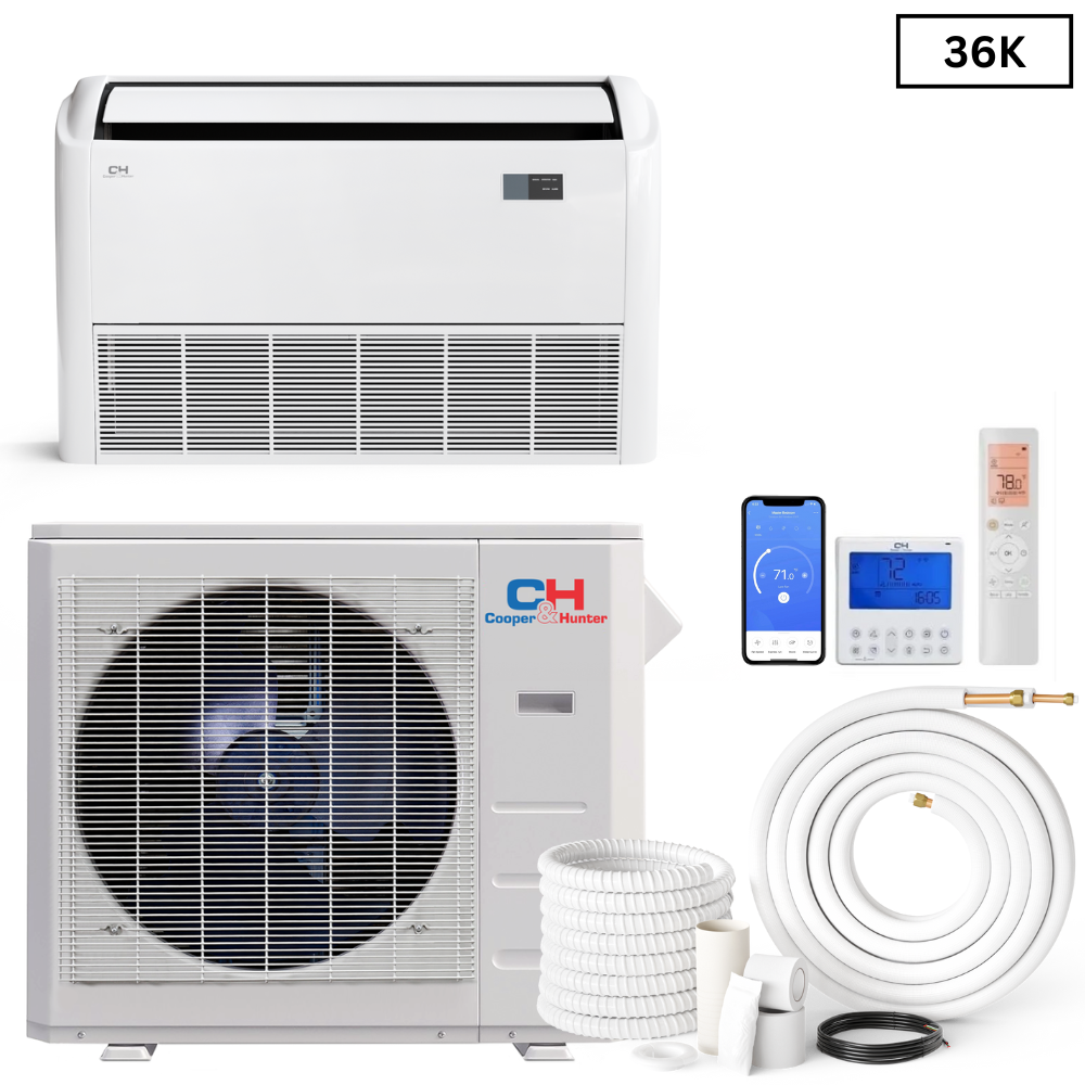 Cooper & Hunter Universal Floor/Ceiling 36,000 BTU 230V, R410A, 16 SEER Ductless Mini Split Air Conditioner With Wall Thermostat, Light Commercial Series, 3 TON Single Zone System + Optional Installation Kit.  CH-36LCFCI + CH-N36LCU-230VO