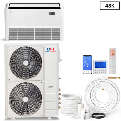 Cooper & Hunter Universal Floor/Ceiling 48,000 BTU, R410A, 230V 16 SEER Ductless Mini Split Air Conditioner With Wall Thermostat, Light Commercial Series, 4 TON Single Zone System,Optional Installation Kit. CH-48LCFCI + CH-N48LCU-230VO